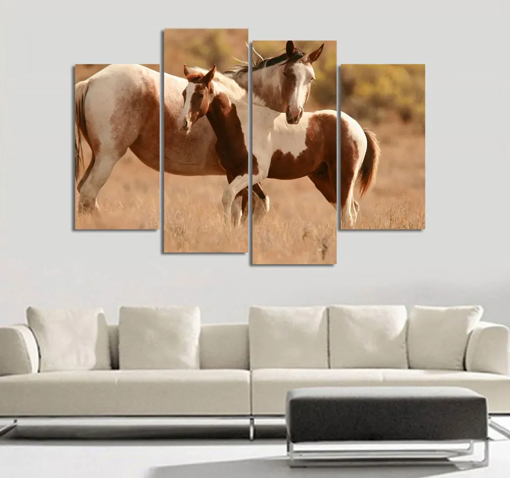 4Pcs/Set Sunset Horse Canvas Painting Animal Poster Vintage Grassland Wall Christmas Pictures For Home Decor Cheap A |