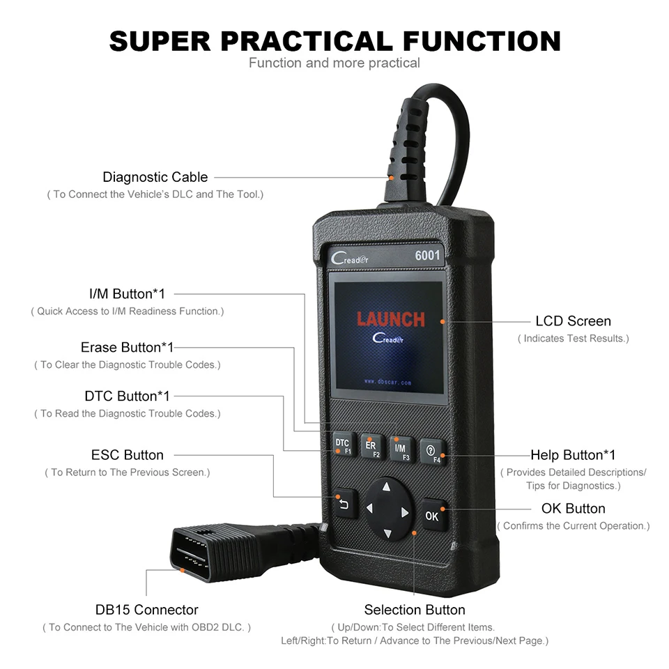 LAUNCH CReader 6001 полный OBD2/EOBD считыватель кодов Сканер 2,8 дюймов Поддержка чтения и очистки DTCs Печатает данные через ПК бесплатное обновление программного обеспечения