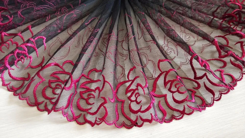 2 ярда кружевная отделка горячие розовые цветы вышитые черные тюлевые кружева