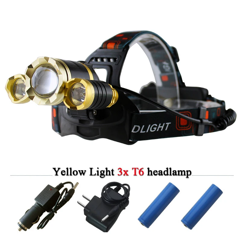Белый + желтый свет налобный фонарь Водонепроницаемый Мощный CREE 3T6