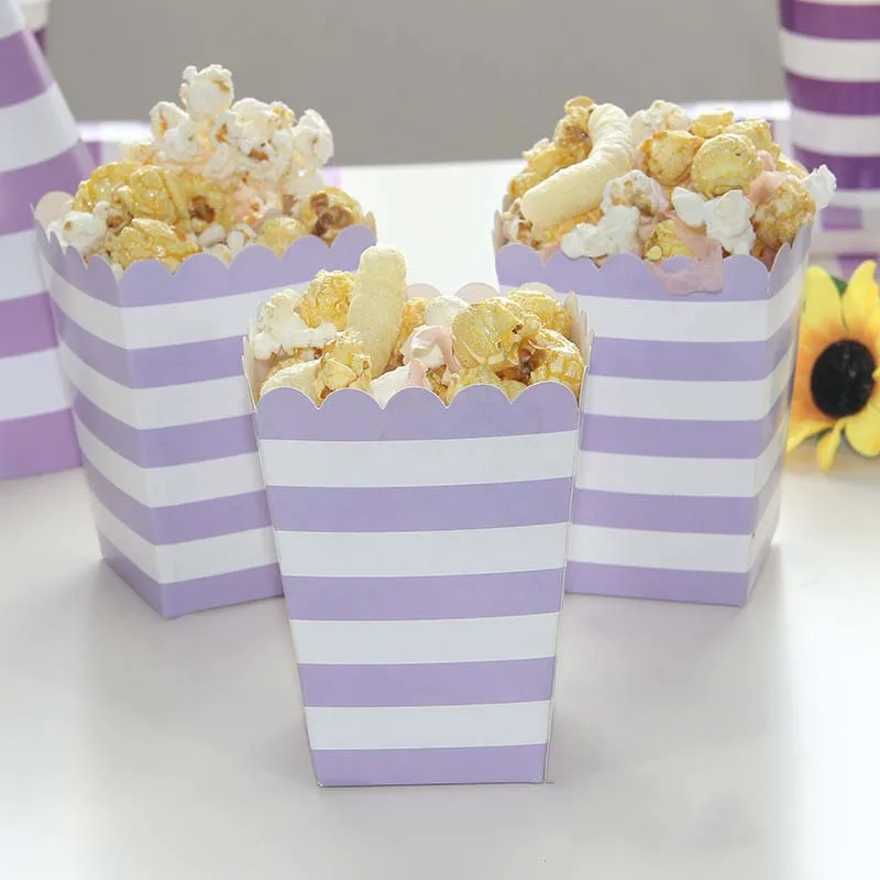 Popcorn box 12pcs Вечерние фиолетовые одноразовые столовые приборы в полоску, набор, стакан, салфетка, вилка, солома, вечерние день рождения, детский душ, товары для свадебного декора - Цвет: Popcorn box 12pcs