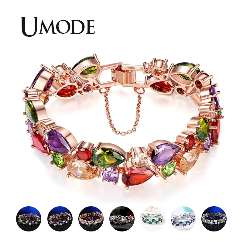 

UMODE 2019 New Fashion Colorful Water Drop Zircon Crystal Bracelets for Women Rose White Gold Round CZ Bracelet Jewelry AUB0171