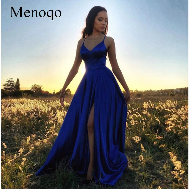 

Robe De Soiree Royal Blue Long Evening Dress 2020 Satin Evening Gowns Sexy Backless Slit Formal Dress Party