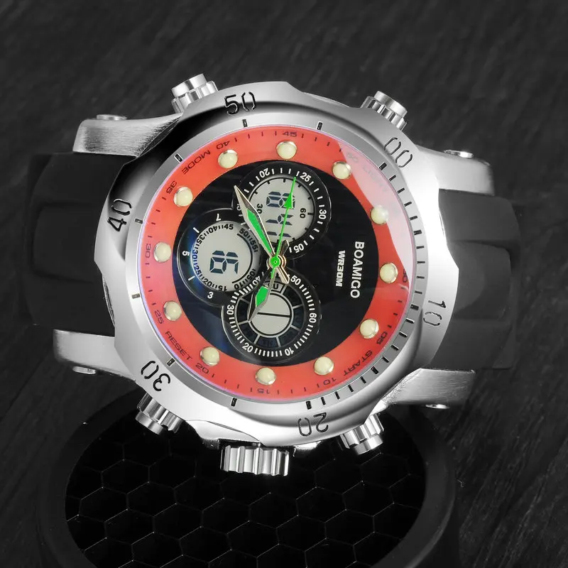 silver orange Бренд BOAMIGO, мужские спортивные часы, 2 часовых пояса, цифровой аналог, большие мужские модные часы, резиновые кварцевые наручные часы, relogio masculino - Цвет: silver orange