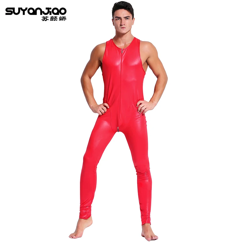 2XL Black Red Patent Leather Sexy Mens Zipper Open Crotch Catsuit Spandex Zentai Bodysuit Male Erotic Party Clubwear New | Тематическая