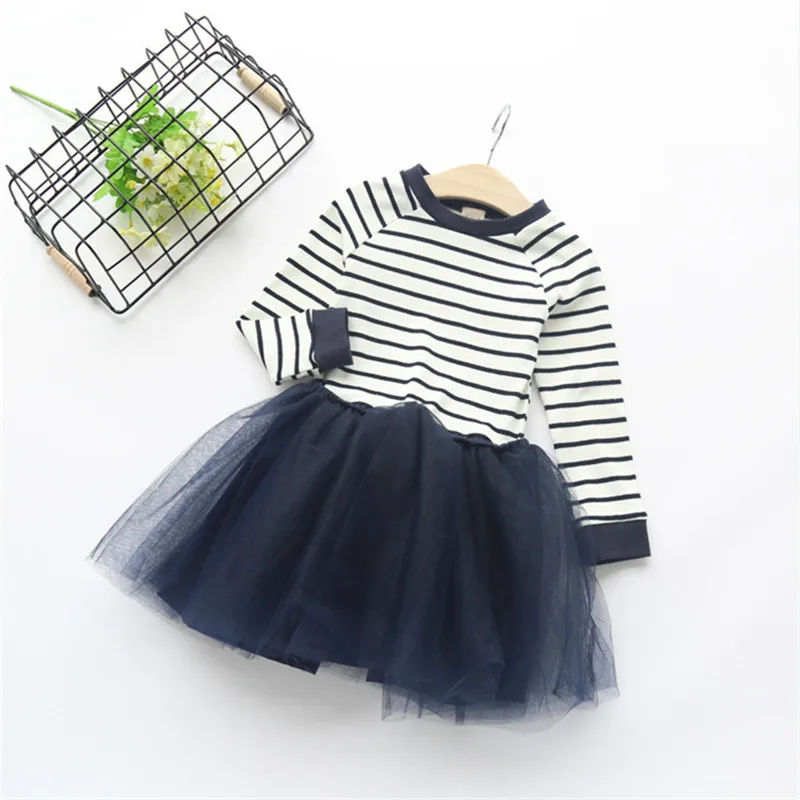 

Girls 2-8 Y Spring Autumn O-neck Long Sleeve Striped Dresses Fashion Casual Patchwork Ball Gown Lovely Princess Dresses