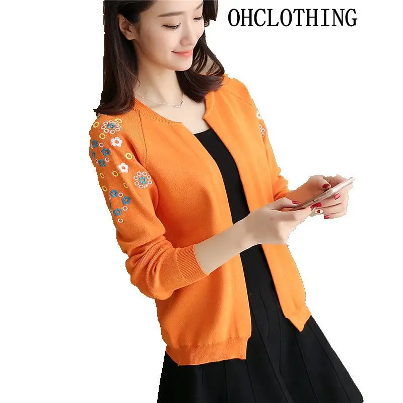 Женский трикотажный кардиган с круглым вырезом длинным рукавом|embroidered cardigan