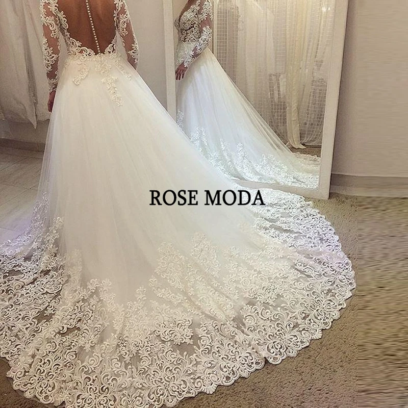 

Rose Moda Long Sleeves Lace Wedding Dress 2019 Backless Princess Bridal Dress with Train Custom Make