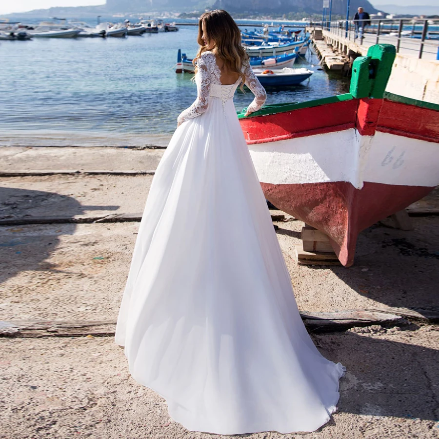 Простое Прозрачное Кружевное Платье Vestidos De Noiva с длинными рукавами и открытой