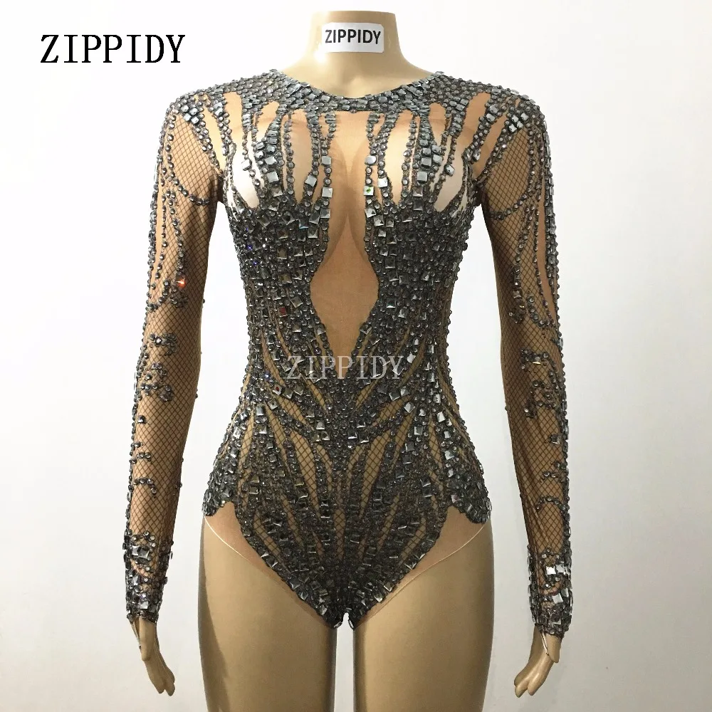 Sparkly Black Crystals Nude Bodysuit Glisten Rhinestones Stretch Leotard Party Celebrate Stage Wear Performance Outfit Costume