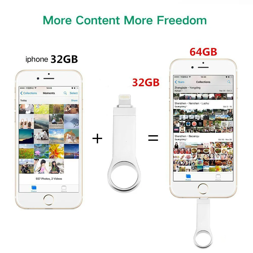 USB флеш накопители 32G 64G для iPhone8/X/7/6/5 iPad iPod iOS11 внешняя карта памяти расширение на