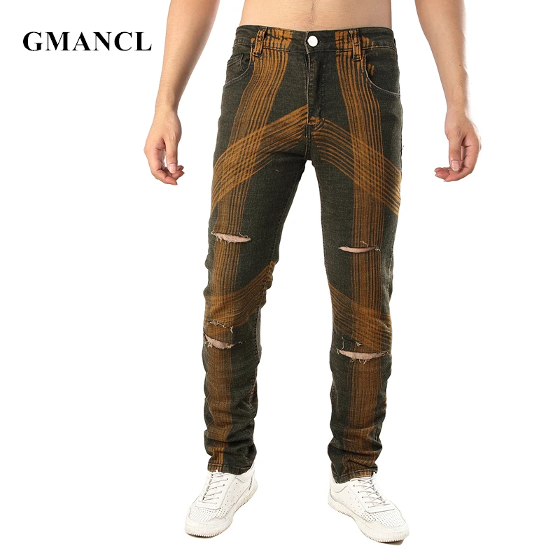 

2019 New Men Vintage Ripped Slim fit Stretch Straight Jeans Streetwear Hip hop printed Distressed Knee holes Joggers Denim pants