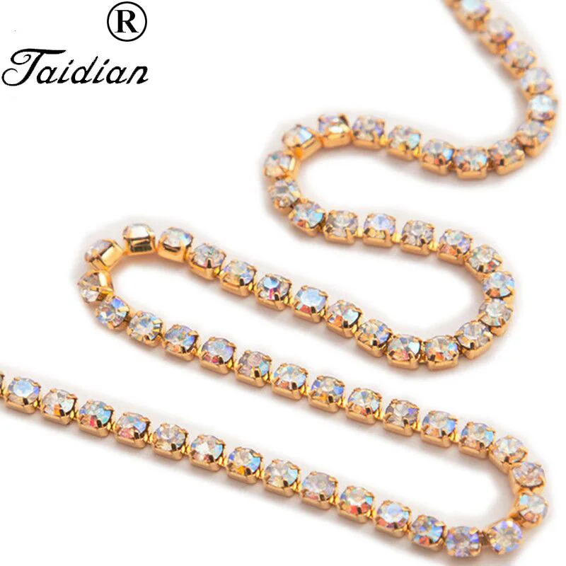 URORU Crystal AB Rhinestone Chain DIY Sew On Gold Base Density Trim Metal Cup Chains Accessories ss6 10yards/lot AM TAIDIAN|chain diy|diy chaindiy