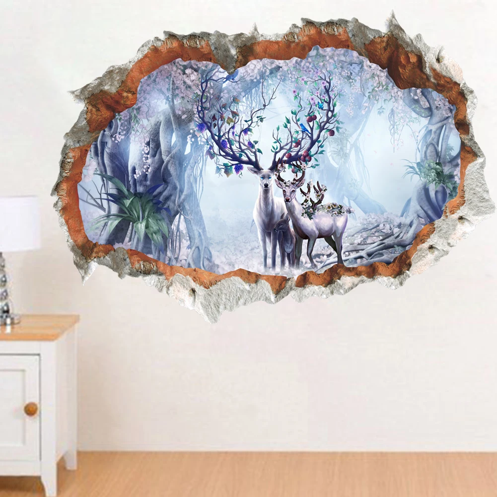 Фото 3D наклейки на стену с разбитыми отверстиями Лесной олень детская комната спальня