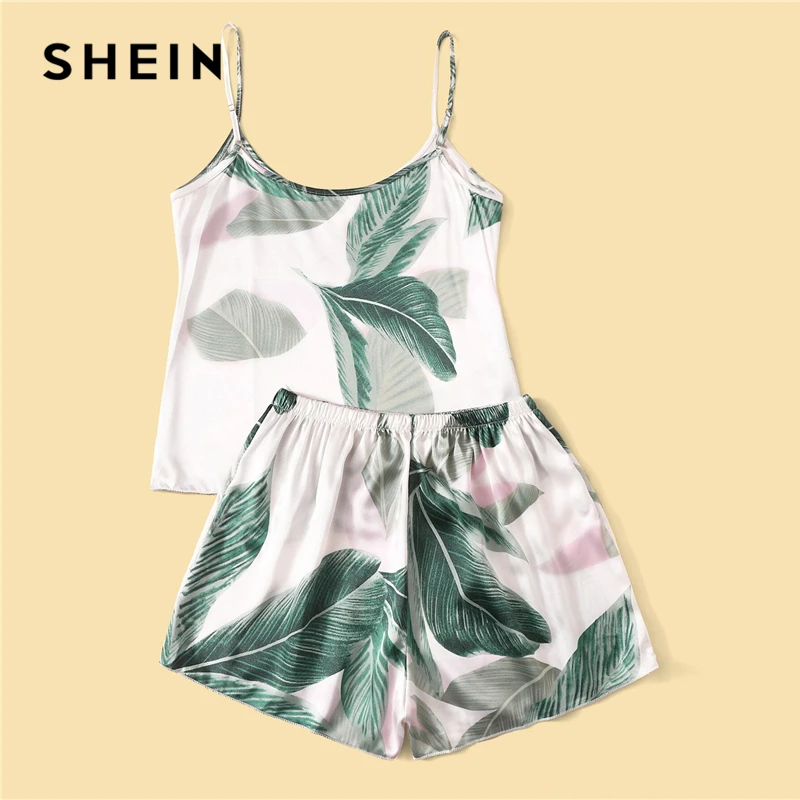 SHEIN многоцветный топ с тропическим принтом и шорты, Атласный пижамный комплект, летняя Пижама, женская сексуальная пижама