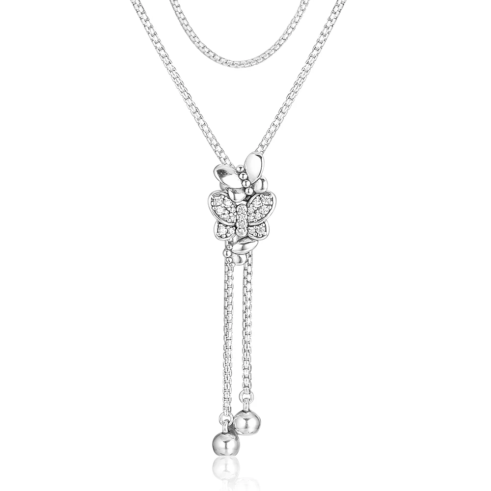 

Genuine 925 Sterling Silver Chain Necklace Dazzling & Dancing Butterflies Necklaces for Women Girls Party Gift Collier Femme