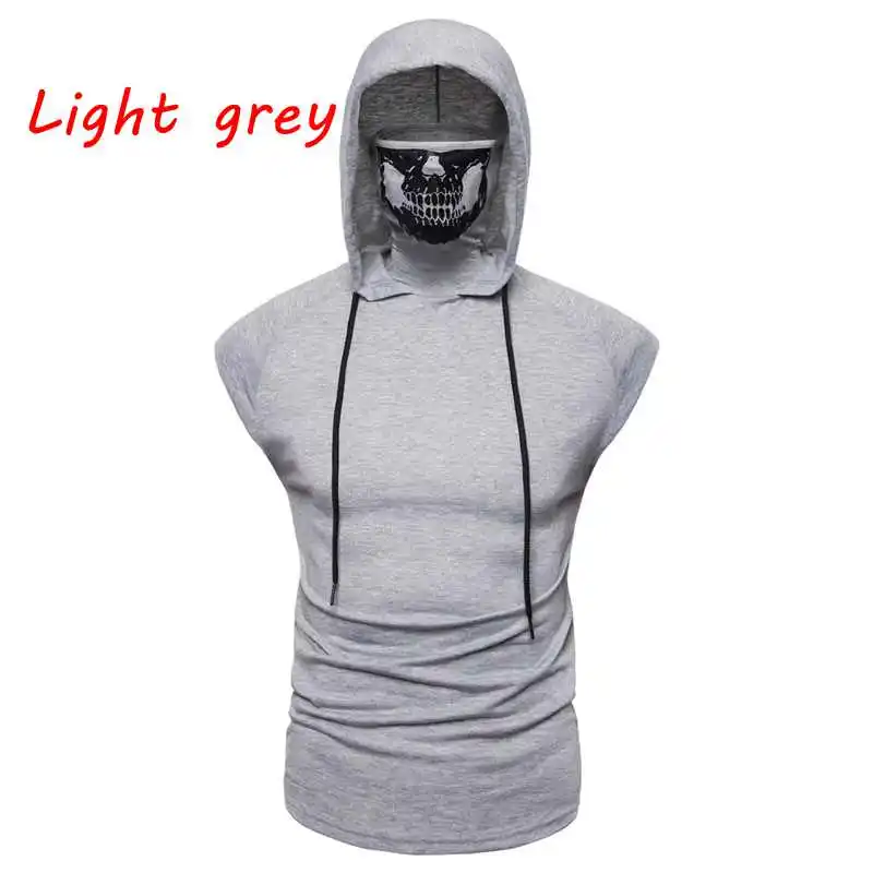 Light Grey Мужская одежда, маска, Череп, худи, Мужская толстовка, капюшон, уличная одежда, чистый цвет, мотоциклетный пуловер, без рукавов, с капюшоном, мужские топы - Цвет: Light Grey