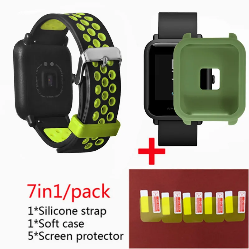 green 1 Для Xiaomi Huami Amazfit Bip Lightwei ремешок rhythm Lite young умные часы my braceket fit+ силиконовые полосы+ мягкий чехол+ 5 экранная пленка - Цвет: green 1