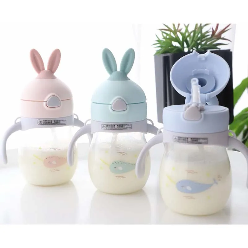 320ml Baby Kid Straw Cup Cartoon Animal School Drinking Water Straw Bottle Straw Sippy Cup With Shoulder Strap