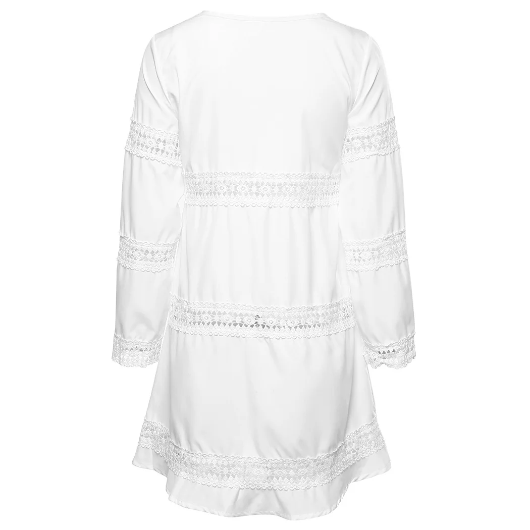 Boho Для женщин Свободные выдалбливают мини платье белое летнее милое кружевное