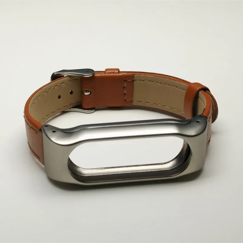 Brown Металлический кожаный ремень+ металлический ремешок для Xiaomi mi Band 2, браслет для mi band 2, умный Браслет, цветной ремешок - Цвет: Brown