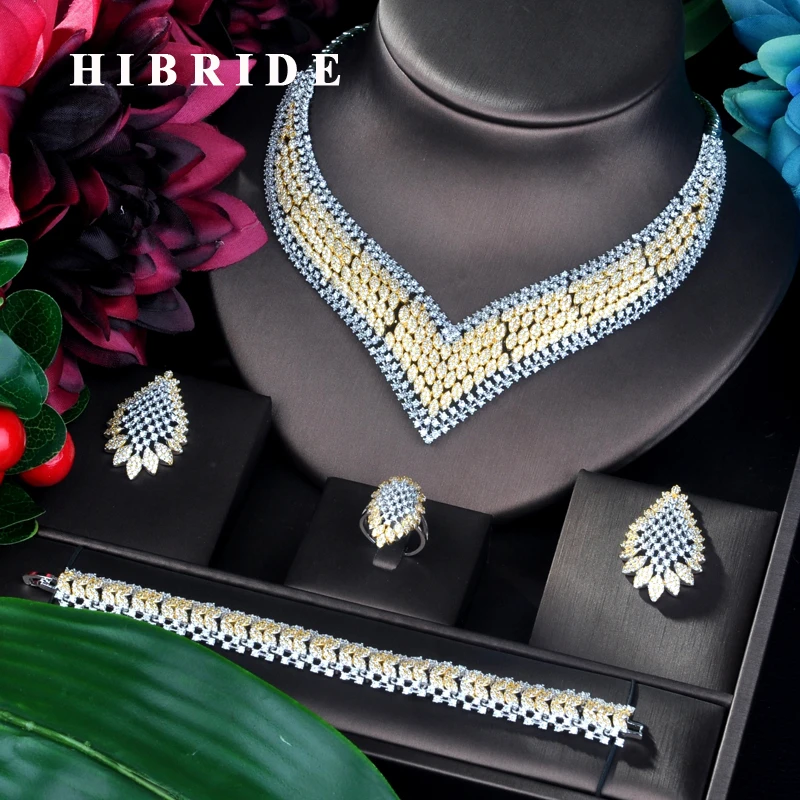 HIBRIDE, модный роскошный двойной тон, Дубай, ювелирный набор, CZ серьги, ожерелье, женский свадебный комплект ювелирных изделий для вечеринки, ...