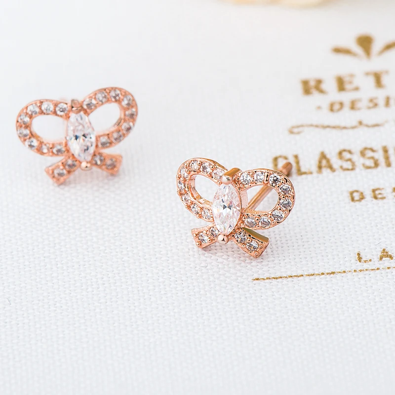 Серьги-пусеты из розового золота 18 К опт циркониевые алмазные серьги-бабочки