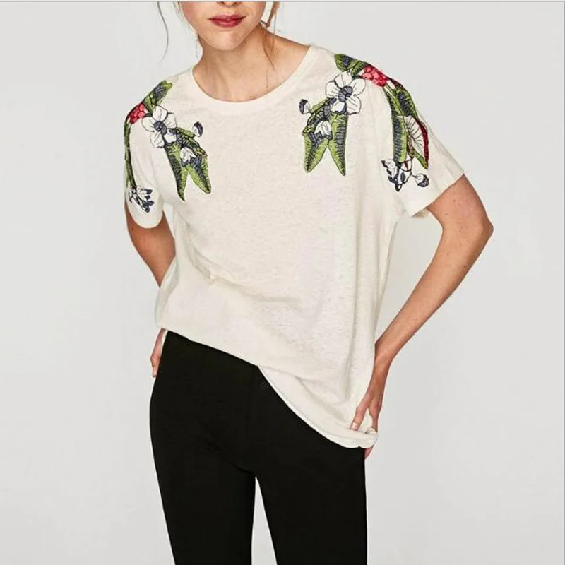 2018 Summer Short Sleeves T Shirt Women stylish floral embroidery Tops O-Neck Casual Pullover female Tunics Girls School tshirt | Женская