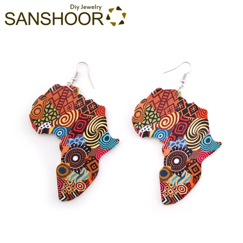 SANSHOOR африканские цвета картина карта деревянные висячие серьги Afrocentric
