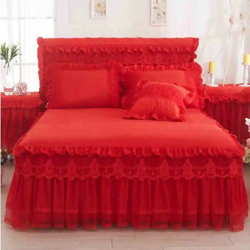 

Lace Bedspread Bed Skirt Pillowcases 1/3pcs Red Princess Fitted Sheet Romantic Bedding Bed Cover Falda de cama/Jupe de lit