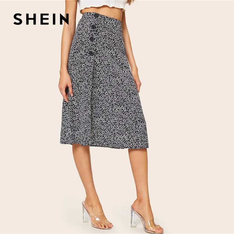 SHEIN, юбка с цветочным принтом и пуговицами, с разрезом по бокам, с высокой талией, для девушек, весна-лето, трапециевидная юбка миди, бохо, черная и белая, Женская юбка