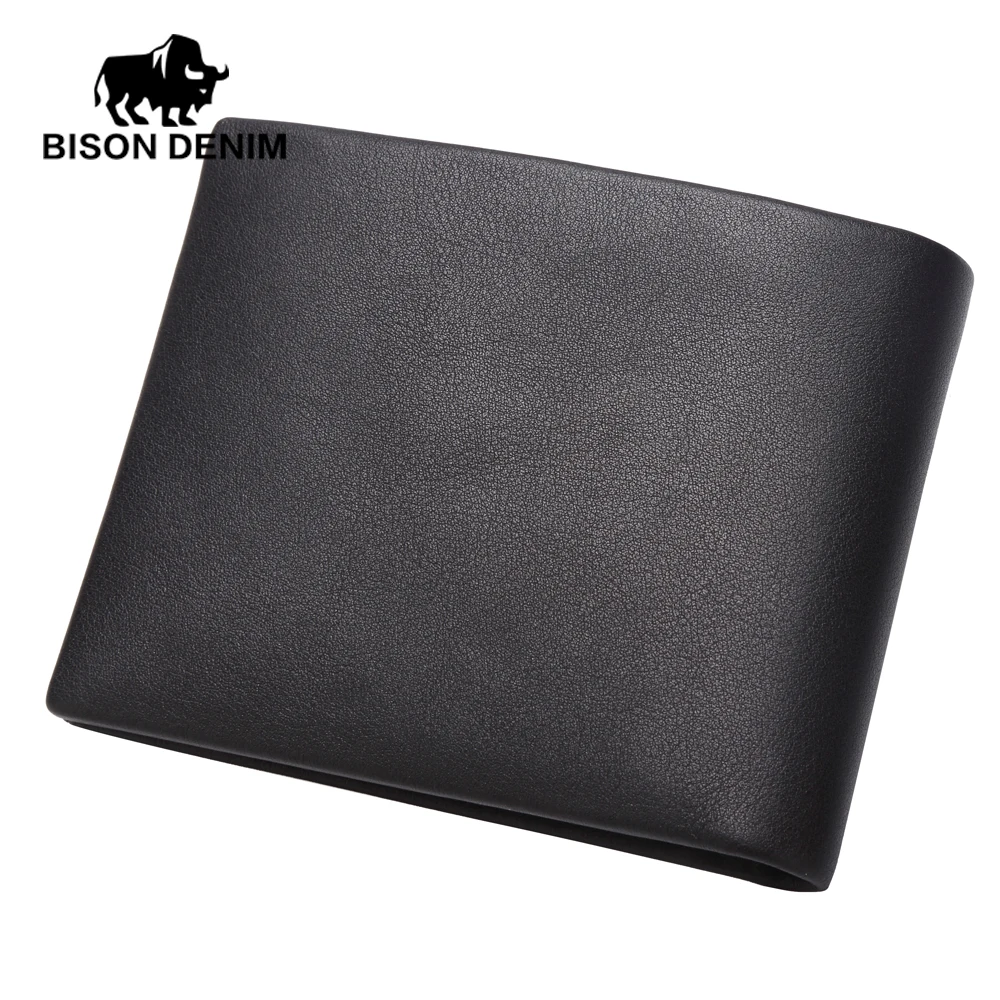 Мужской кошелек BISON DENIM черный тонкий из натуральной кожи с отделением для ID и