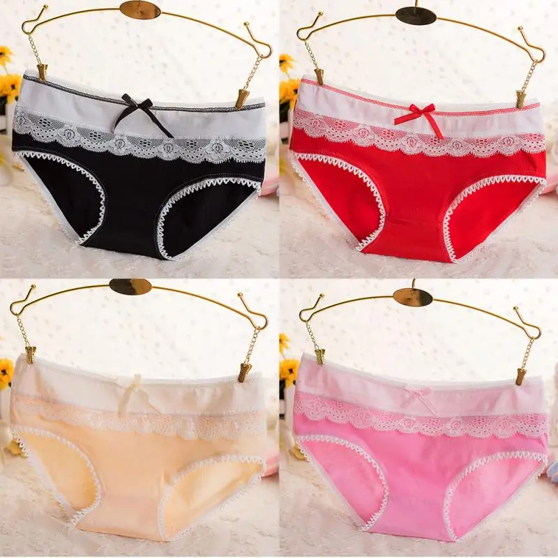 2018 New Arrival Women Briefs Cotton Sweet Soft Sexy Lace Panties Bow-knot Splicing Underwear Candy Color Free Size |