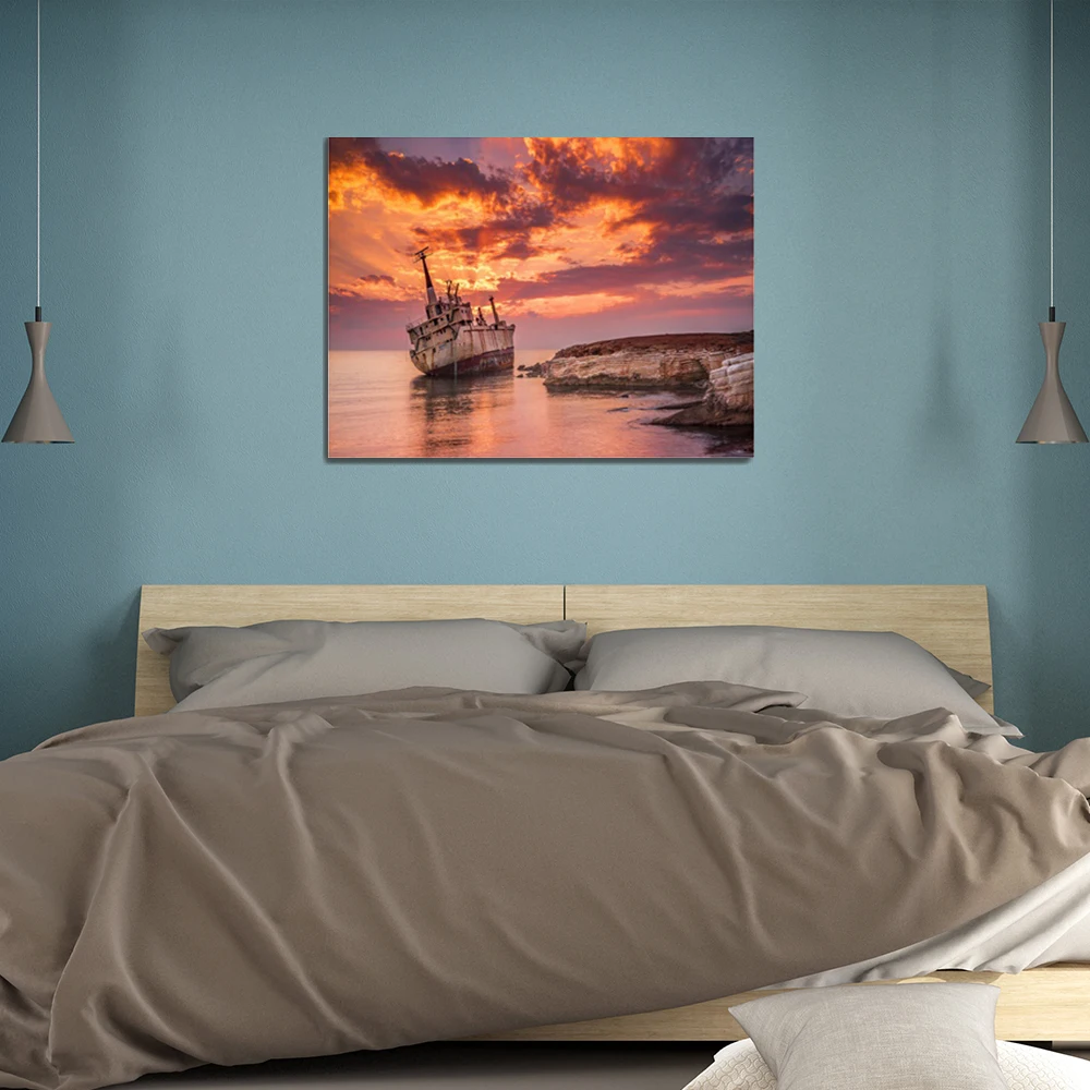 Laeacco Boat Seaside Wall Artwork Sunrise Canvas Painting Posters Prints Pictures Living Room Bathroom Home Decoration | Дом и сад