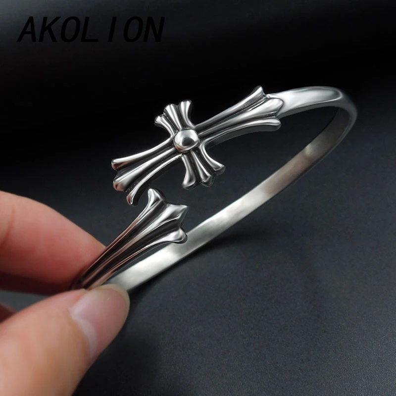AKOLION cross bangles &amp bracelets for women and men jewelry pulseiras para as mulheres pulsera feminina masculina mujer silver |