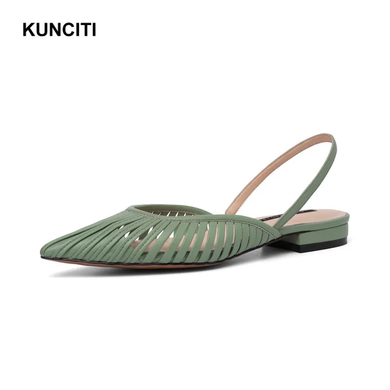 KUNCITI/; босоножки на низком каблуке из натуральной кожи; женская пикантная обувь заостренная на каблуке; женские повседневные босоножки в европейском стиле; X957