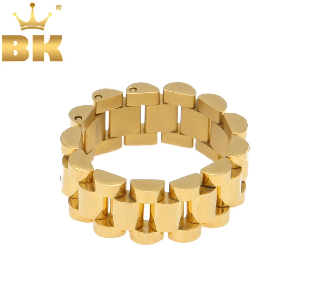 

Top Quality Size 8-12 Hip Hop Band Ring Men's Stainless Steel Gold Color Watchband Link Style Ring