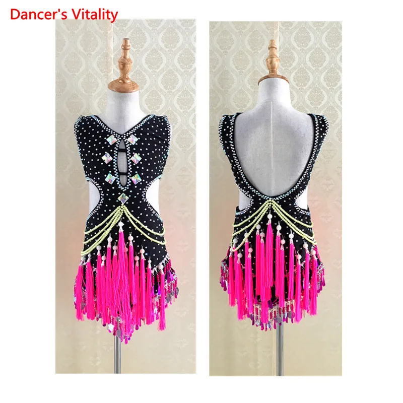 

NEW! Girls' Latin dance dress Luxury diamond tassel dress for girls/children latin dance performance costumes free Customized