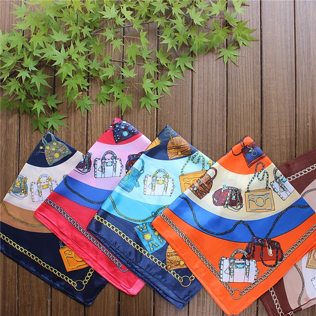 

60cm*60cm Women 2017 New Fashion Imitated Silk Euro Design Bag and Chain Printed Small Square Scarf Hot Sale