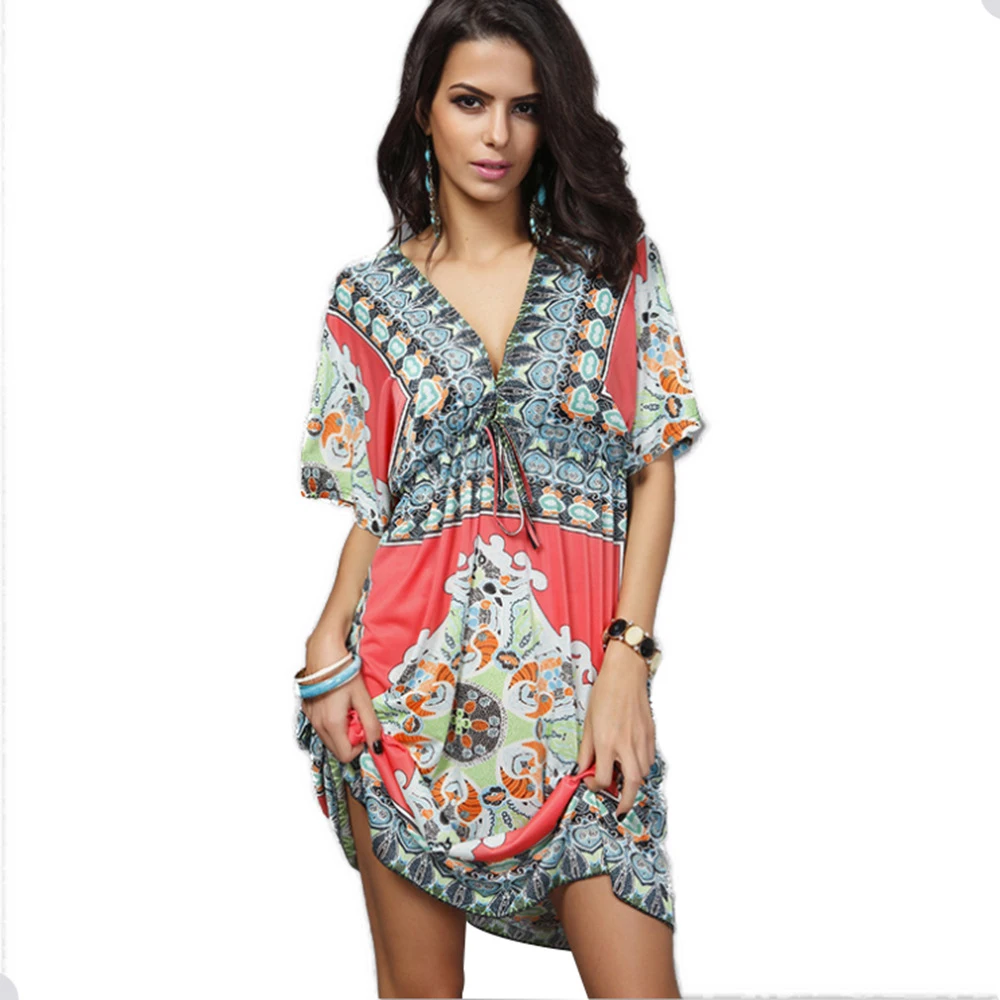 

2019 Summer Dress Women V-Neck Sexy Milk Silk Dress Elegant Vintage Large Size Beach Dress Print Flower Partyvestidos Mujer