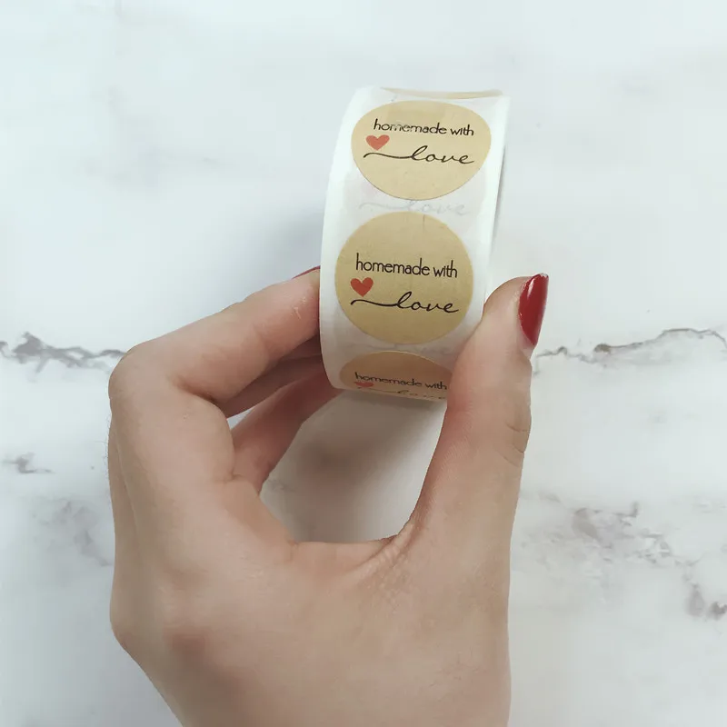 

500pcs Handmade with Love Packaging Gift Box Sticker Candy Dragee Box Kraft Paper Chocolate Cake Mariage Wedding Wrapping Papper