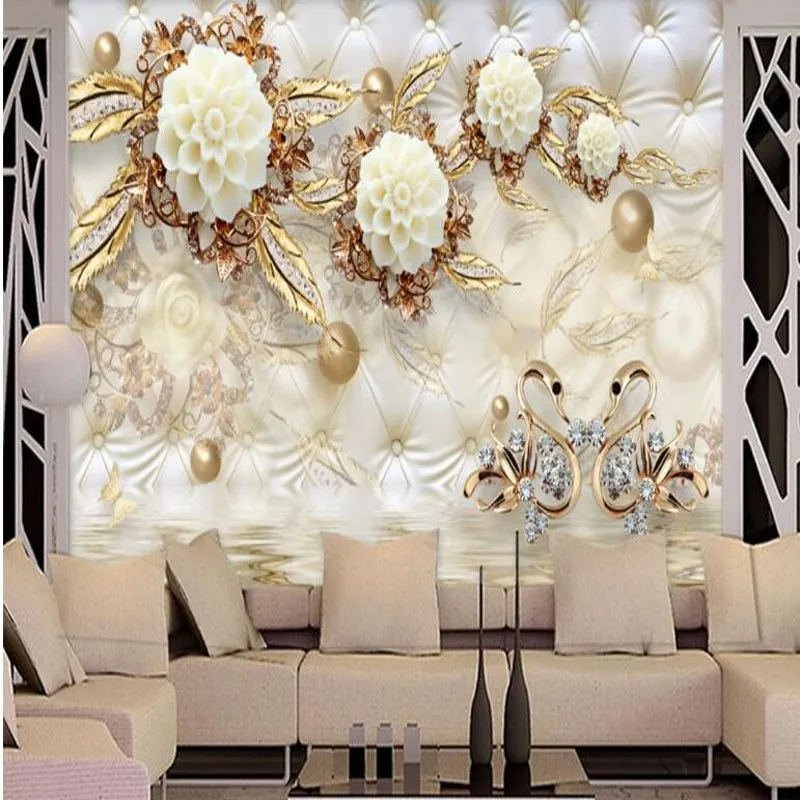 Пользовательские большие фрески 3d роскошные золотые белые цветы мягкая сумка