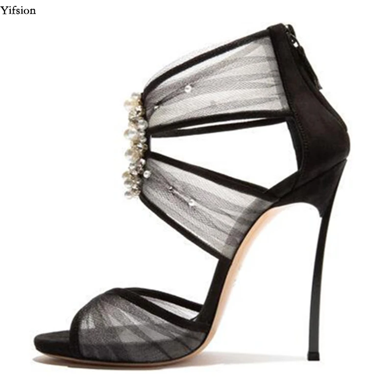 Olomm New Women Platform Sandals Sexy Metal High Heels Gorgeous Pearl Open Toe Black Dress Shoes Ladies US Size 4-10.5 | Обувь