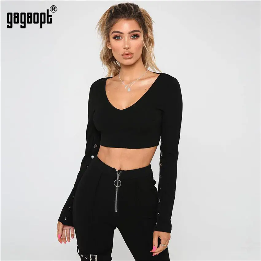 Gagaopt, короткий женский Топ с длинным рукавом, v-образный вырез, открытая спина, топы на пуговицах, женские модные сексуальные футболки, уличная одежда, блузы - Цвет: Черный