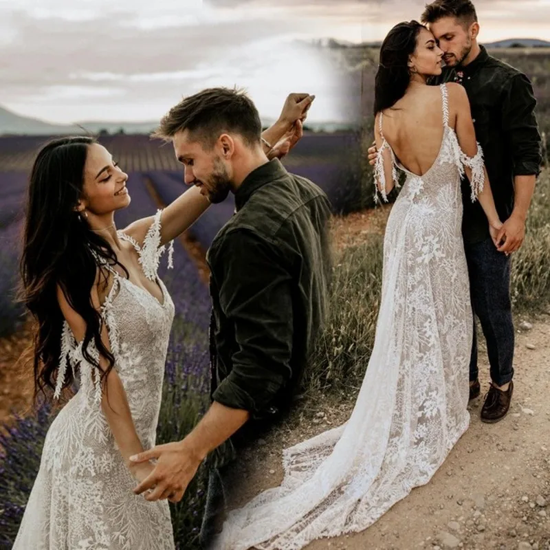 Винтажное богемное пляжное свадебное платье цвета слоновой кости с кружевной