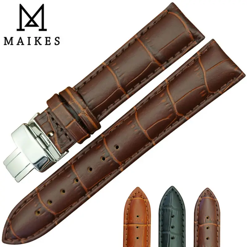 MAIKES Genuine Leather Watch Band Polishing Folding Clasp Watch Strap 18mm 20mm 22mm  Men&Women Watchband For Casio