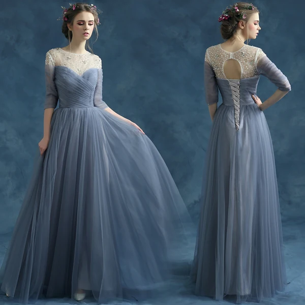 

2016 new arrival stock maternity plus size bridal gown evening dress sexy ball gown long half sleeve Blue Grey 2825q