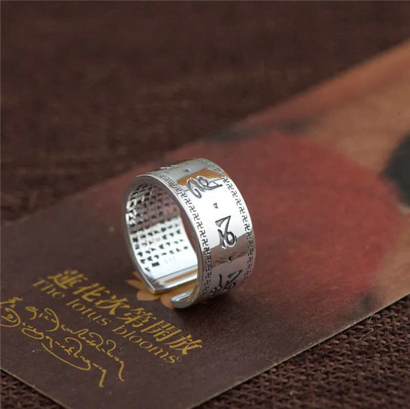

BESTLYBUY 100% Real 990 Pure Silver Jewelry Chinese Buddhistic Scriptures Open Rings S925 Solid Thai Silver Ring for Women Men
