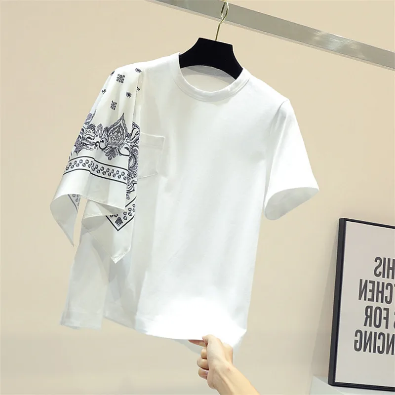 Женская футболка с короткими рукавами в Корейском стиле белая асимметричным