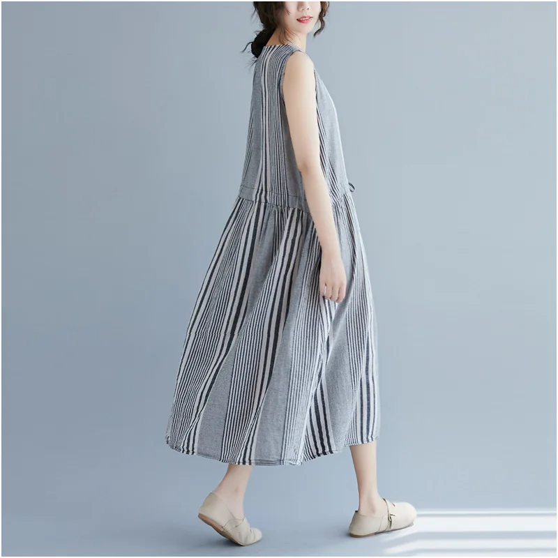 2019 Summer Women Striped Print Bohemian Short Sleeve Loose Party Cotton Linen Waist Belts Vestido Casual Dress Plus Size | Женская
